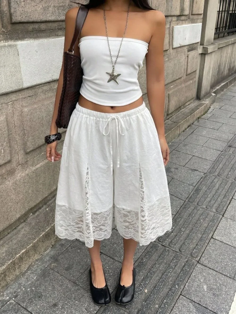 White Casual Women's Boho Concert Rave Festival Lace Crotch Pants - Picture 4 of 4